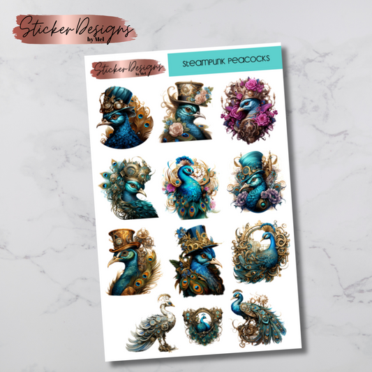 Steampunk Peacocks Deco Sticker Sheet